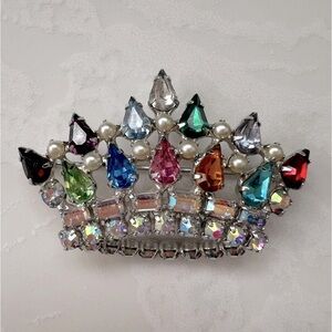 Vintage 1950’s Signed B David Multicolored Rhinestone Pearl Crown Brooch